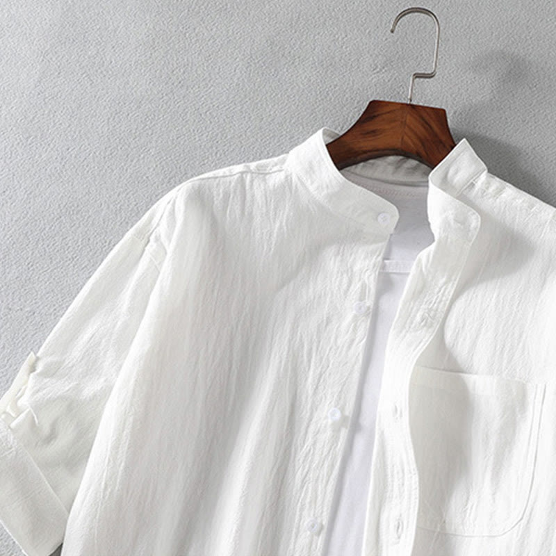 Nimara Ritual Vintage Casual Plain Single Breasted Three Quarter Sleeve Men's Shirt With Pocket