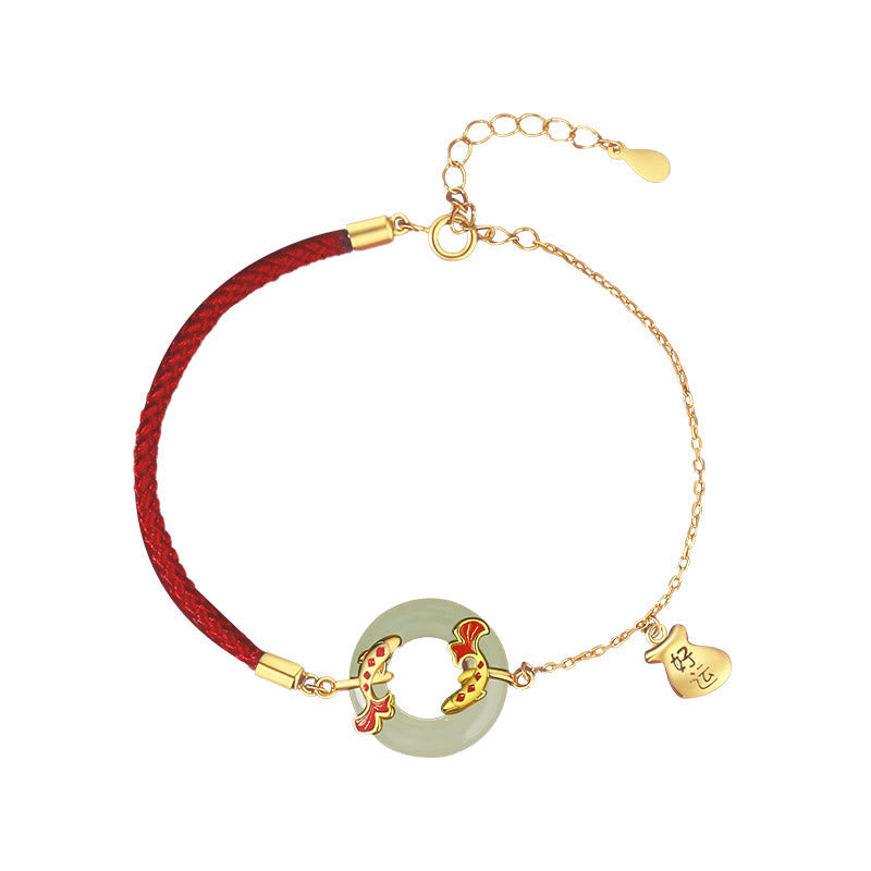Nimara Ritual 999 Sterling Silver Hetian White Jade Double Koi Fish Peace Buckle Lucky Charm Wealth Bracelet