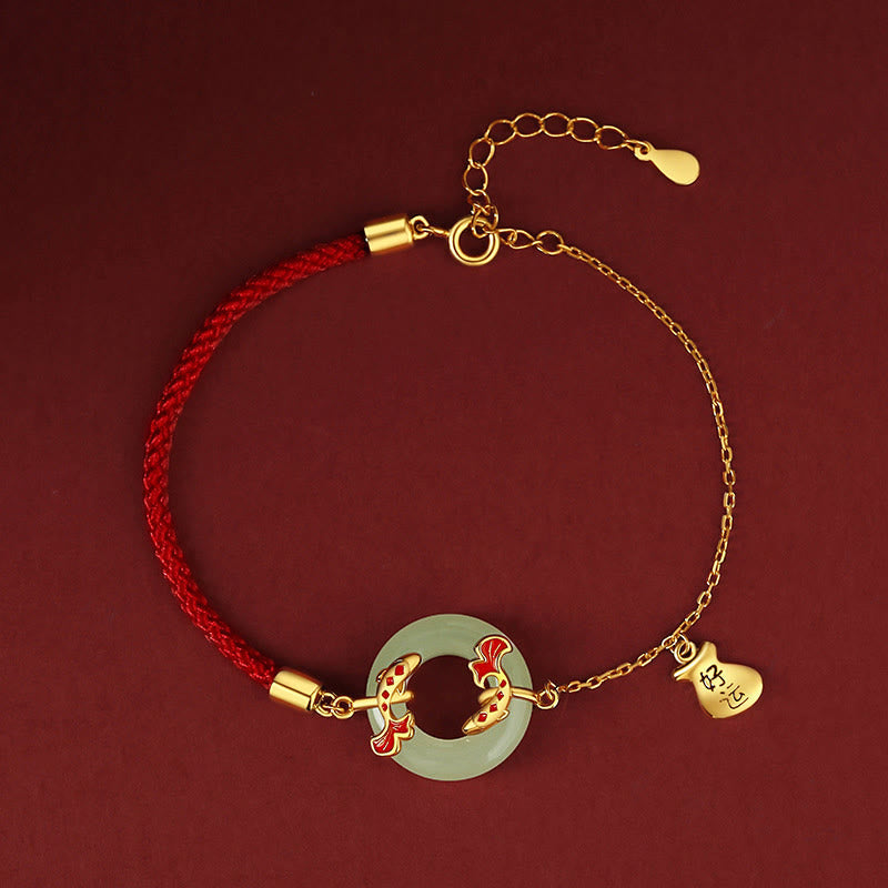 Nimara Ritual 999 Sterling Silver Hetian White Jade Double Koi Fish Peace Buckle Lucky Charm Wealth Bracelet