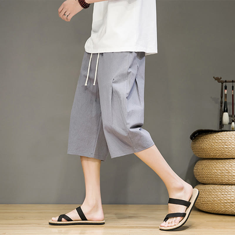 Nimara Ritual Casual Summer Drawstring Solid Color Cropped Cotton Linen Men's Harem Pants With Pockets