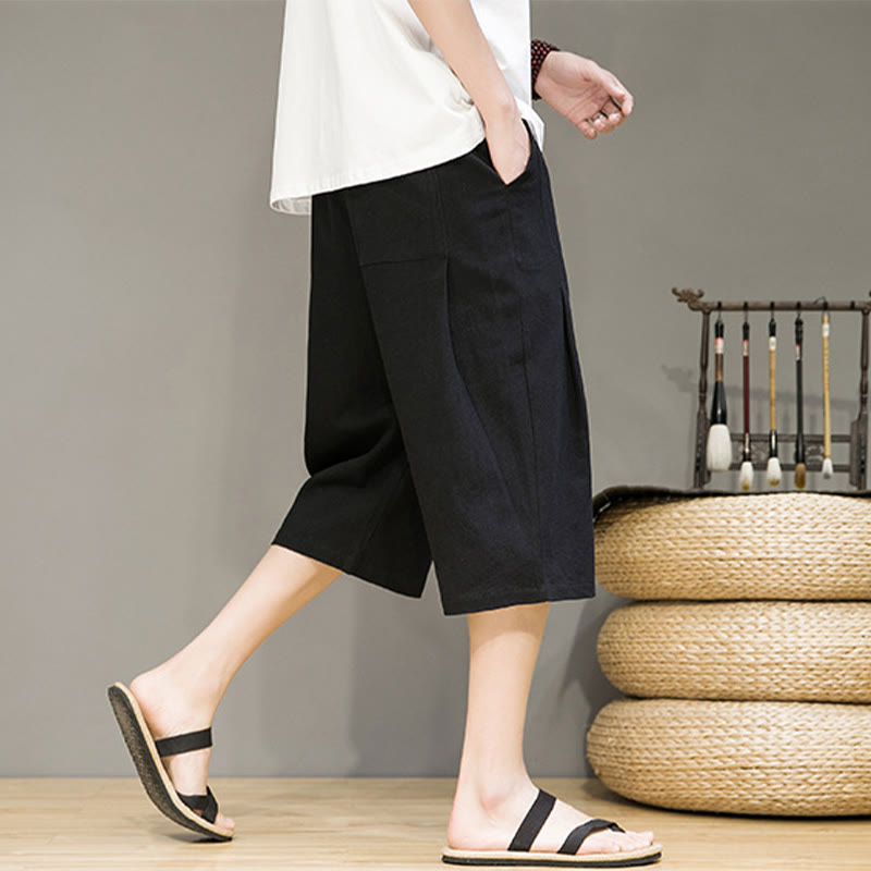 Nimara Ritual Casual Summer Drawstring Solid Color Cropped Cotton Linen Men's Harem Pants With Pockets