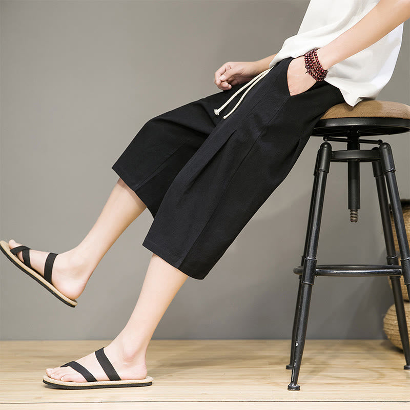 Nimara Ritual Casual Summer Drawstring Solid Color Cropped Cotton Linen Men's Harem Pants With Pockets