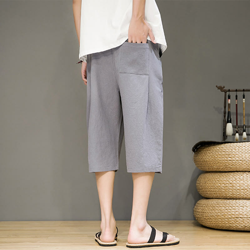 Nimara Ritual Casual Summer Drawstring Solid Color Cropped Cotton Linen Men's Harem Pants With Pockets