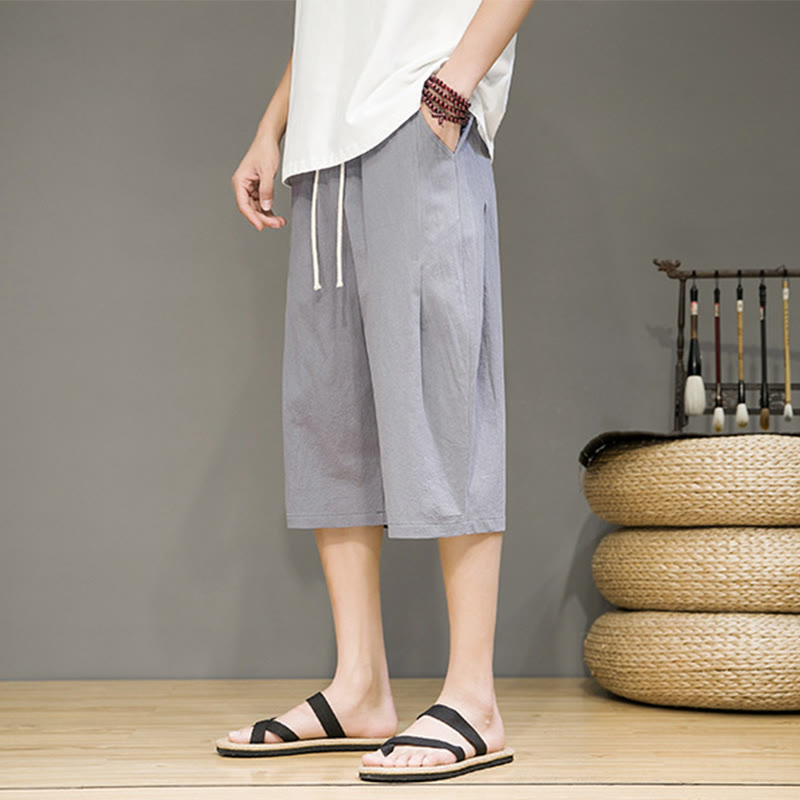 Nimara Ritual Casual Summer Drawstring Solid Color Cropped Cotton Linen Men's Harem Pants With Pockets
