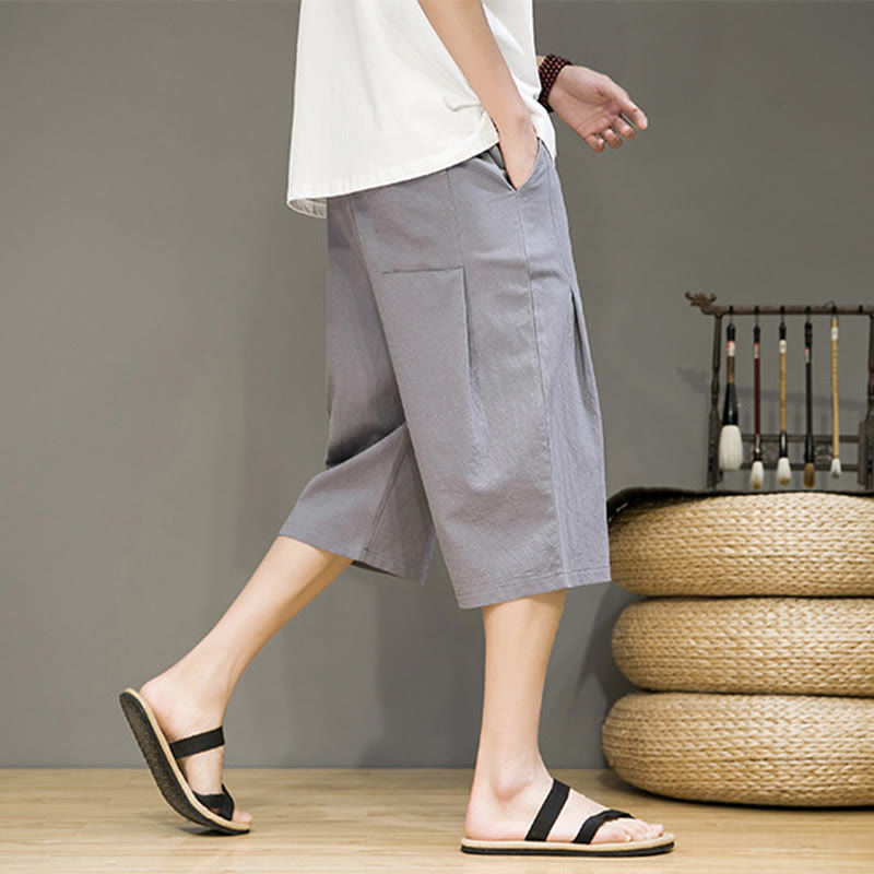 Nimara Ritual Casual Summer Drawstring Solid Color Cropped Cotton Linen Men's Harem Pants With Pockets