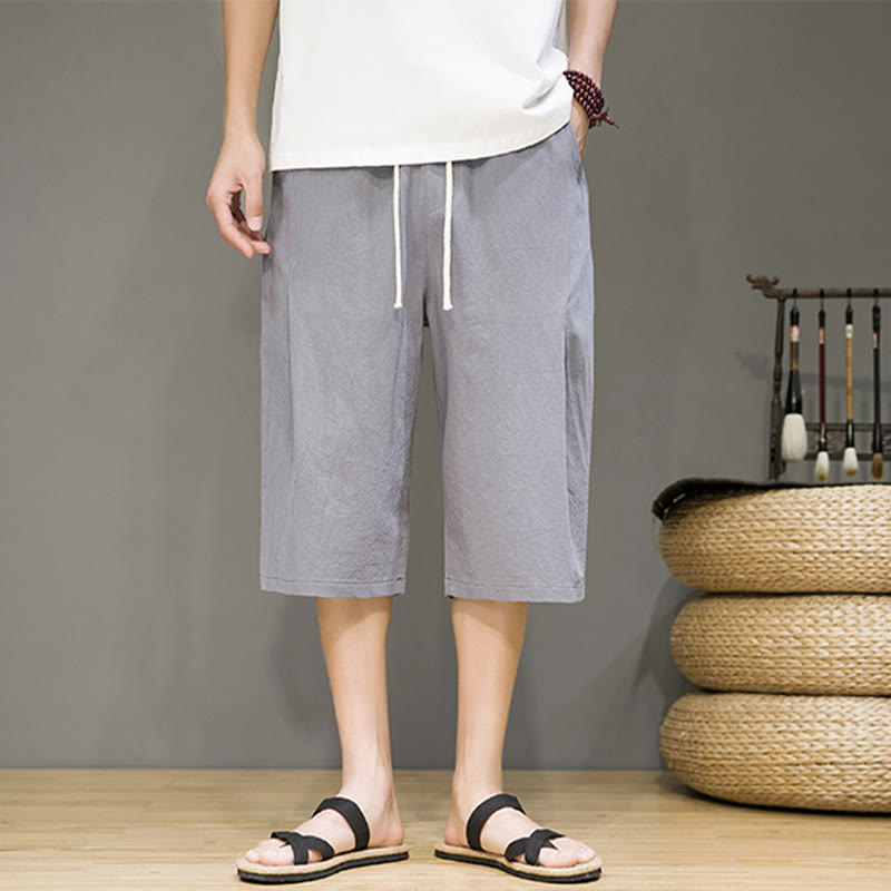Nimara Ritual Casual Summer Drawstring Solid Color Cropped Cotton Linen Men's Harem Pants With Pockets
