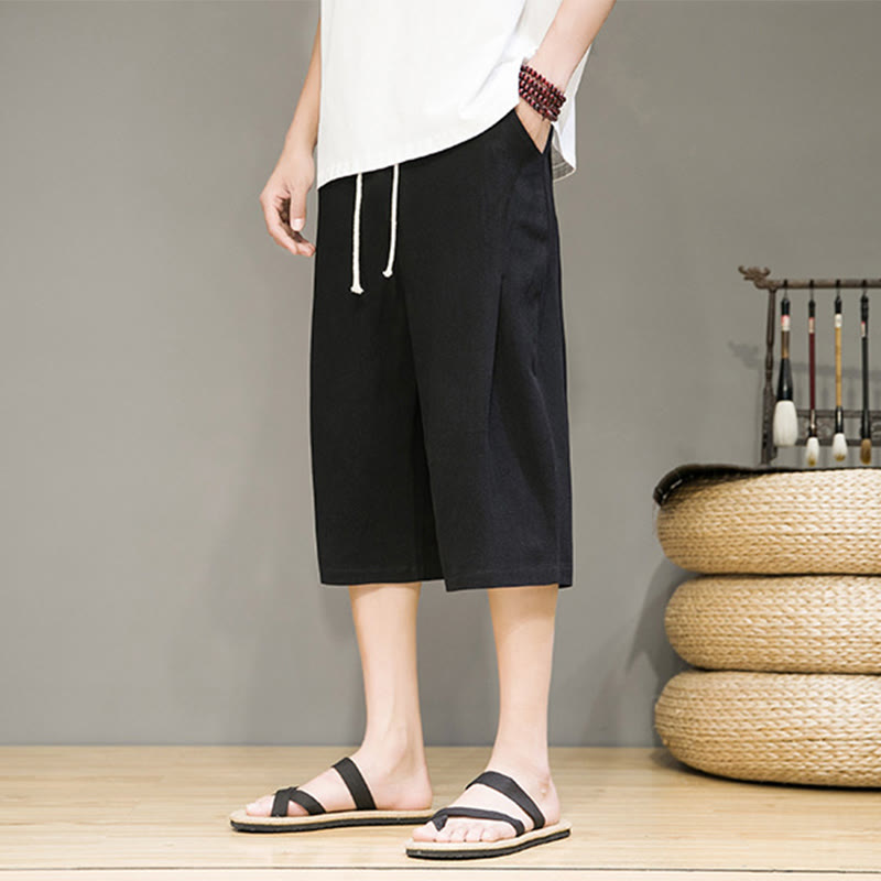 Nimara Ritual Casual Summer Drawstring Solid Color Cropped Cotton Linen Men's Harem Pants With Pockets