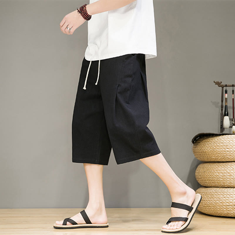 Nimara Ritual Casual Summer Drawstring Solid Color Cropped Cotton Linen Men's Harem Pants With Pockets