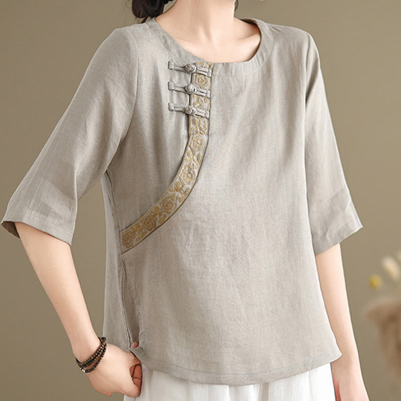 Nimara Ritual Casual Women's Embroidered Flower Pattern Frog-Button Crew Neck Design Half Sleeve Shirt