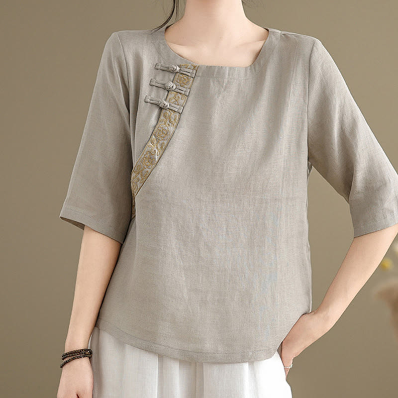 Nimara Ritual Casual Women's Embroidered Flower Pattern Frog-Button Crew Neck Design Half Sleeve Shirt