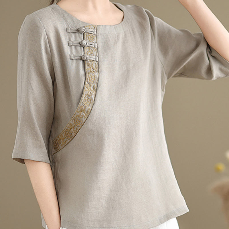 Nimara Ritual Casual Women's Embroidered Flower Pattern Frog-Button Crew Neck Design Half Sleeve Shirt