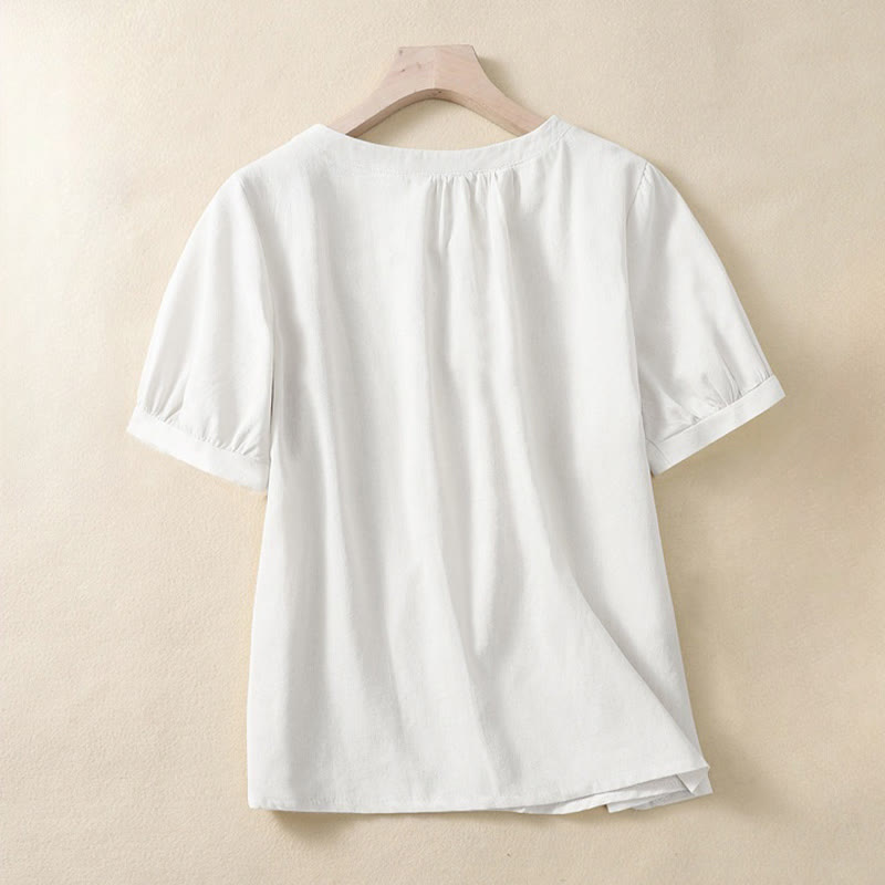 Nimara Ritual Casual Women's Plain Crew Neck Button Design Half Sleeve Linen Shirt