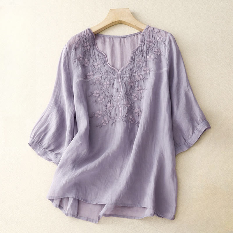 Nimara Ritual Summer Casual Embroidered Flowers Women's V-neck Design Half Sleeve Acrylic T-shirt