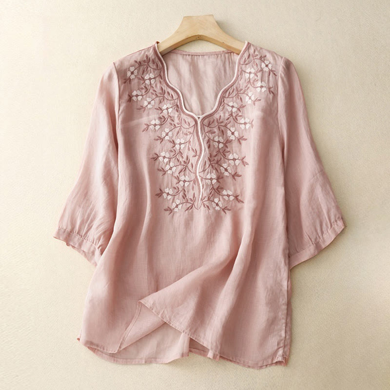 Nimara Ritual Summer Casual Embroidered Flowers Women's V-neck Design Half Sleeve Acrylic T-shirt