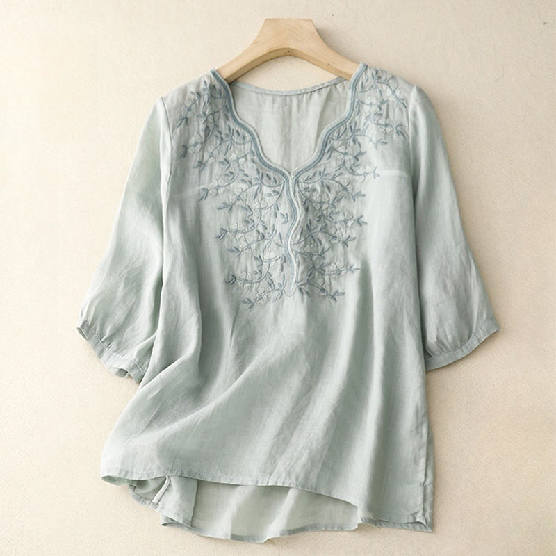 Nimara Ritual Summer Casual Embroidered Flowers Women's V-neck Design Half Sleeve Acrylic T-shirt
