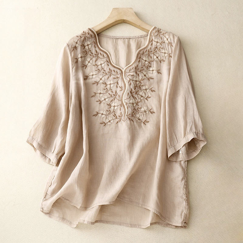 Nimara Ritual Summer Casual Embroidered Flowers Women's V-neck Design Half Sleeve Acrylic T-shirt
