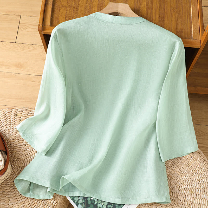 Nimara Ritual Casual Women's Flowers Leaves Embroidery Pattern Frog-Button Crew Neck Design Half Sleeve Cotton Linen Shirt
