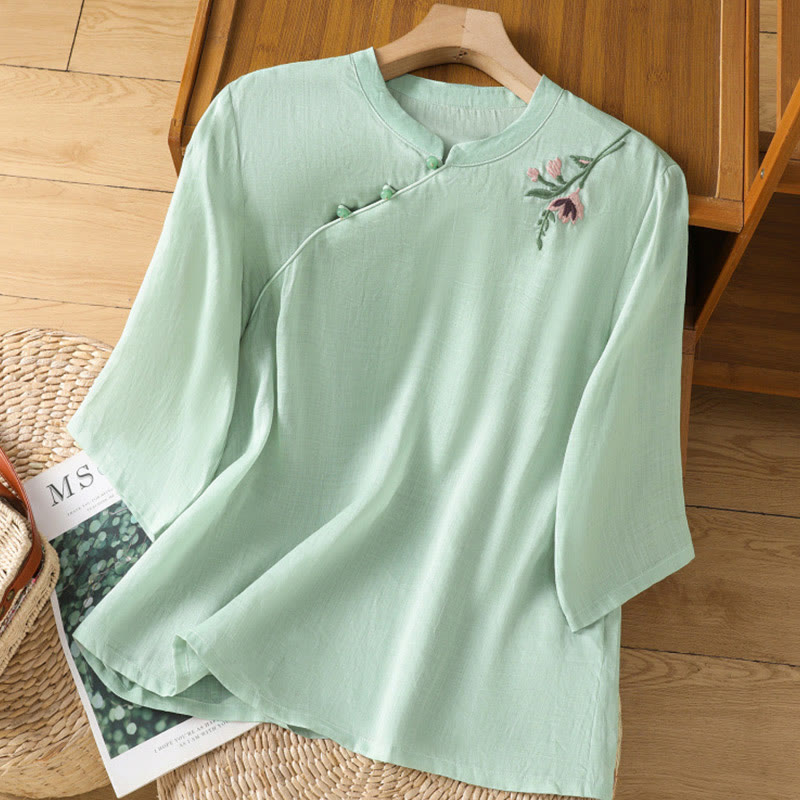 Nimara Ritual Casual Women's Flowers Leaves Embroidery Pattern Frog-Button Crew Neck Design Half Sleeve Cotton Linen Shirt