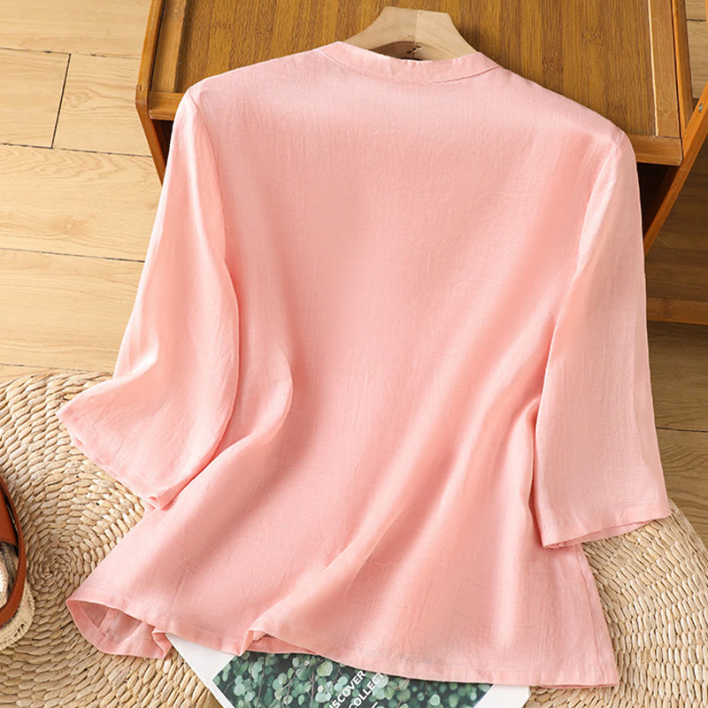 Nimara Ritual Casual Women's Flowers Leaves Embroidery Pattern Frog-Button Crew Neck Design Half Sleeve Cotton Linen Shirt