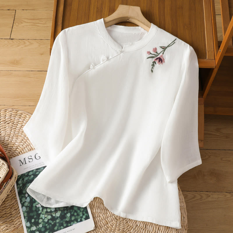 Nimara Ritual Casual Women's Flowers Leaves Embroidery Pattern Frog-Button Crew Neck Design Half Sleeve Cotton Linen Shirt
