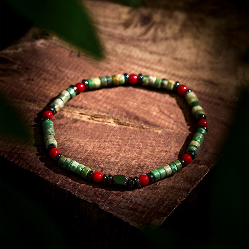 Nimara Ritual Natural Green Stone Hematite Red Coral Powerful Bracelet