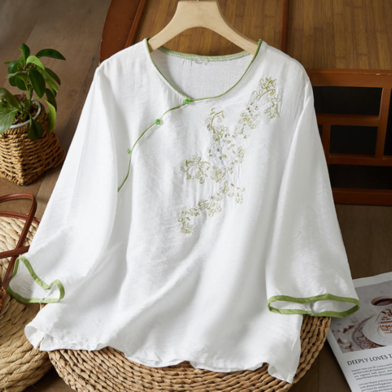 Nimara Ritual Casual Women's Flowers Embroidery Pattern Frog-button Slanted Collar Design Three Quarter Sleeve Cotton Linen Shirt