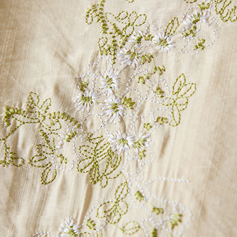 Nimara Ritual Casual Women's Flowers Embroidery Pattern Frog-button Slanted Collar Design Three Quarter Sleeve Cotton Linen Shirt