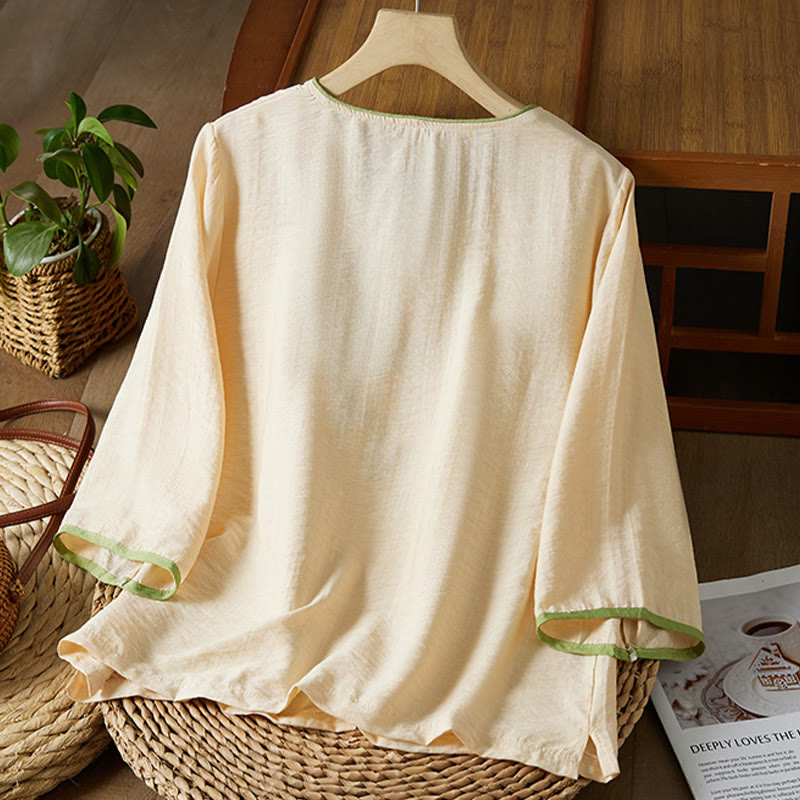 Nimara Ritual Casual Women's Flowers Embroidery Pattern Frog-button Slanted Collar Design Three Quarter Sleeve Cotton Linen Shirt