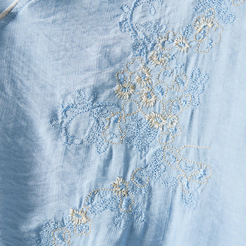 Nimara Ritual Casual Women's Flowers Embroidery Pattern Frog-button Slanted Collar Design Three Quarter Sleeve Cotton Linen Shirt