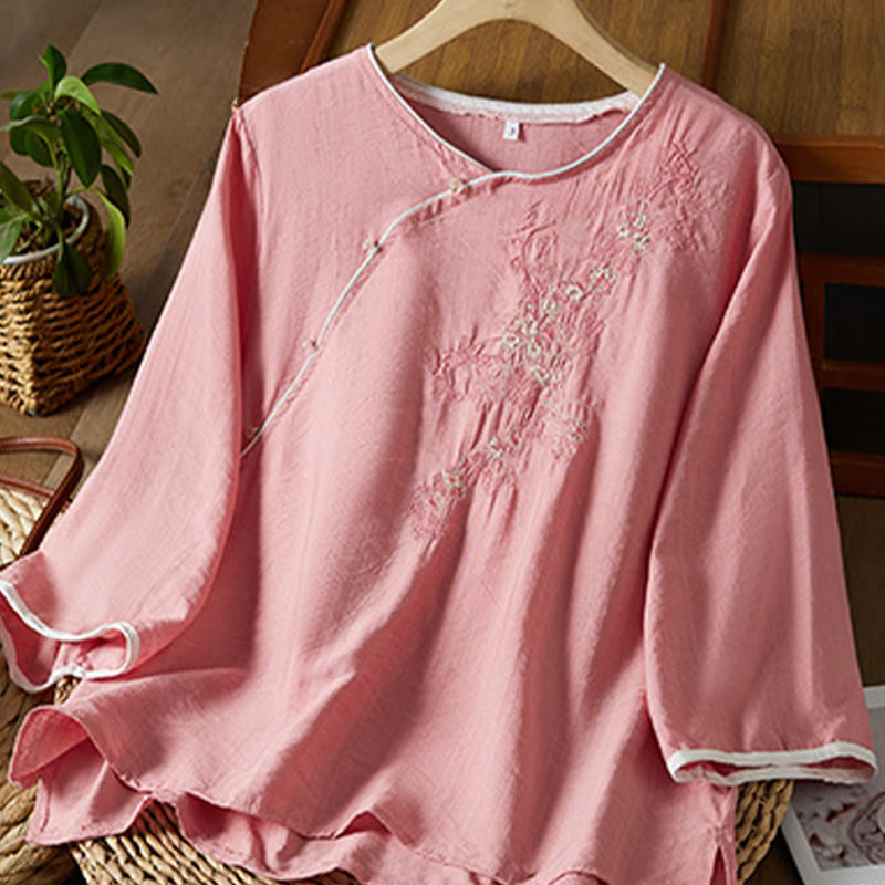 Nimara Ritual Casual Women's Flowers Embroidery Pattern Frog-button Slanted Collar Design Three Quarter Sleeve Cotton Linen Shirt