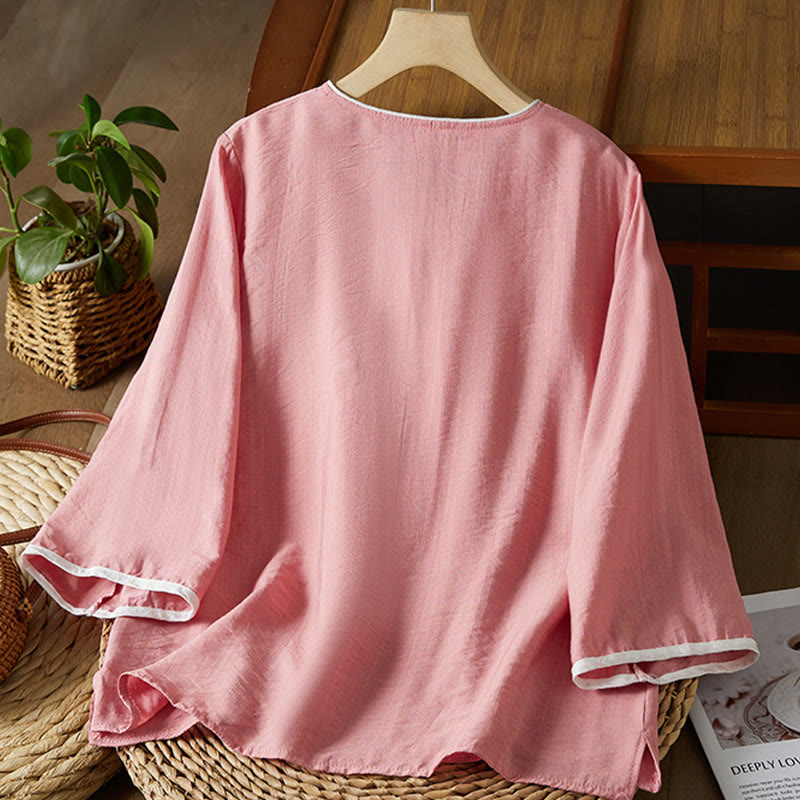 Nimara Ritual Casual Women's Flowers Embroidery Pattern Frog-button Slanted Collar Design Three Quarter Sleeve Cotton Linen Shirt