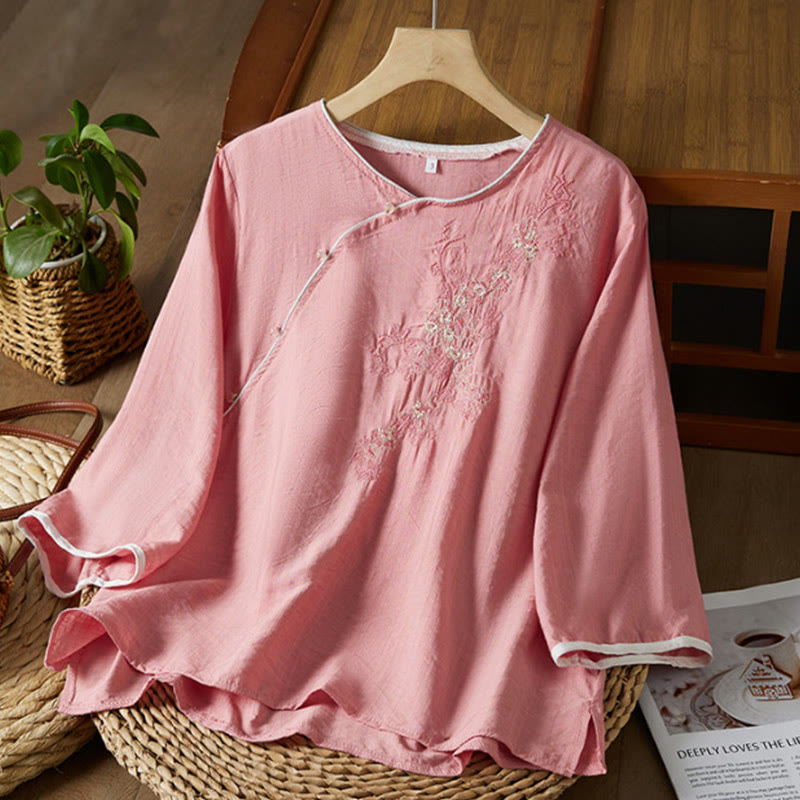 Nimara Ritual Casual Women's Flowers Embroidery Pattern Frog-button Slanted Collar Design Three Quarter Sleeve Cotton Linen Shirt