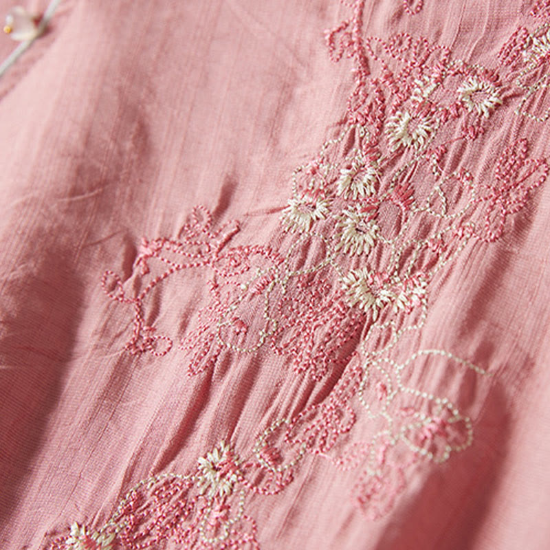 Nimara Ritual Casual Women's Flowers Embroidery Pattern Frog-button Slanted Collar Design Three Quarter Sleeve Cotton Linen Shirt
