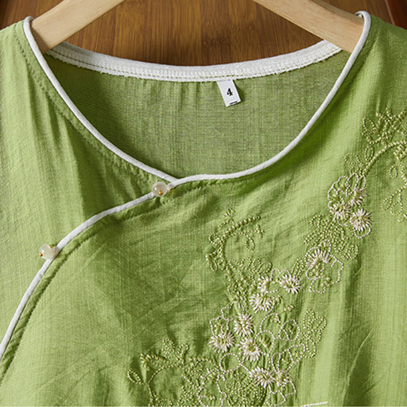 Nimara Ritual Casual Women's Flowers Embroidery Pattern Frog-button Slanted Collar Design Three Quarter Sleeve Cotton Linen Shirt