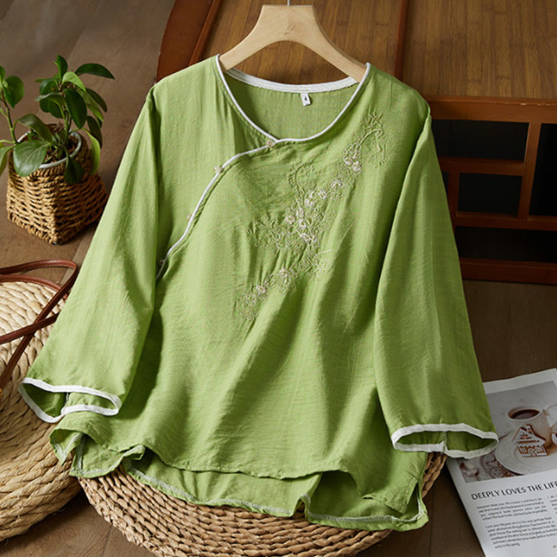 Nimara Ritual Casual Women's Flowers Embroidery Pattern Frog-button Slanted Collar Design Three Quarter Sleeve Cotton Linen Shirt