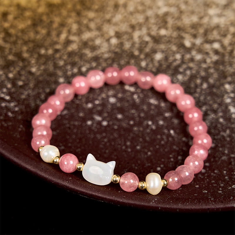 Nimara Ritual Strawberry Quartz Pearl Cat Rabbit Healing Bracelet