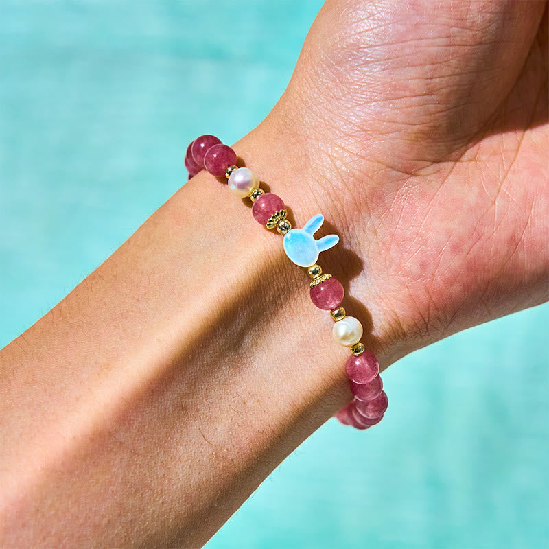 Nimara Ritual Strawberry Quartz Pearl Cat Rabbit Healing Bracelet