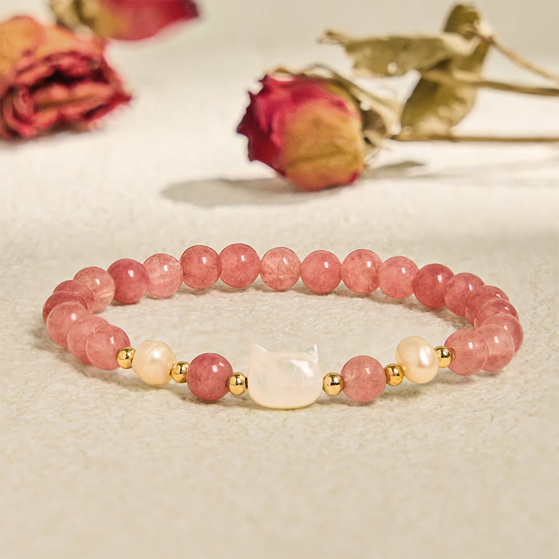 Nimara Ritual Strawberry Quartz Pearl Cat Rabbit Healing Bracelet