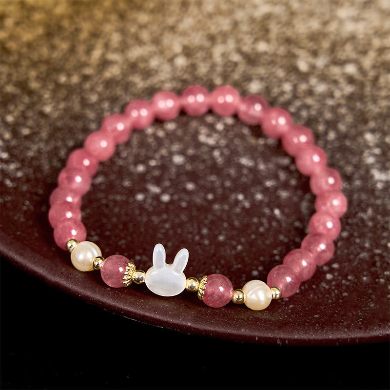 Nimara Ritual Strawberry Quartz Pearl Cat Rabbit Healing Bracelet