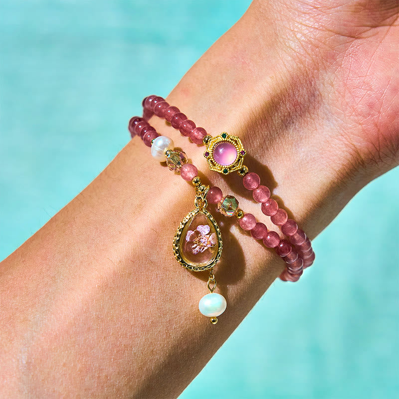 Nimara Ritual Natural Strawberry Quartz Pearl Butterfly Water Drop Positive Double Wrap Bracelet