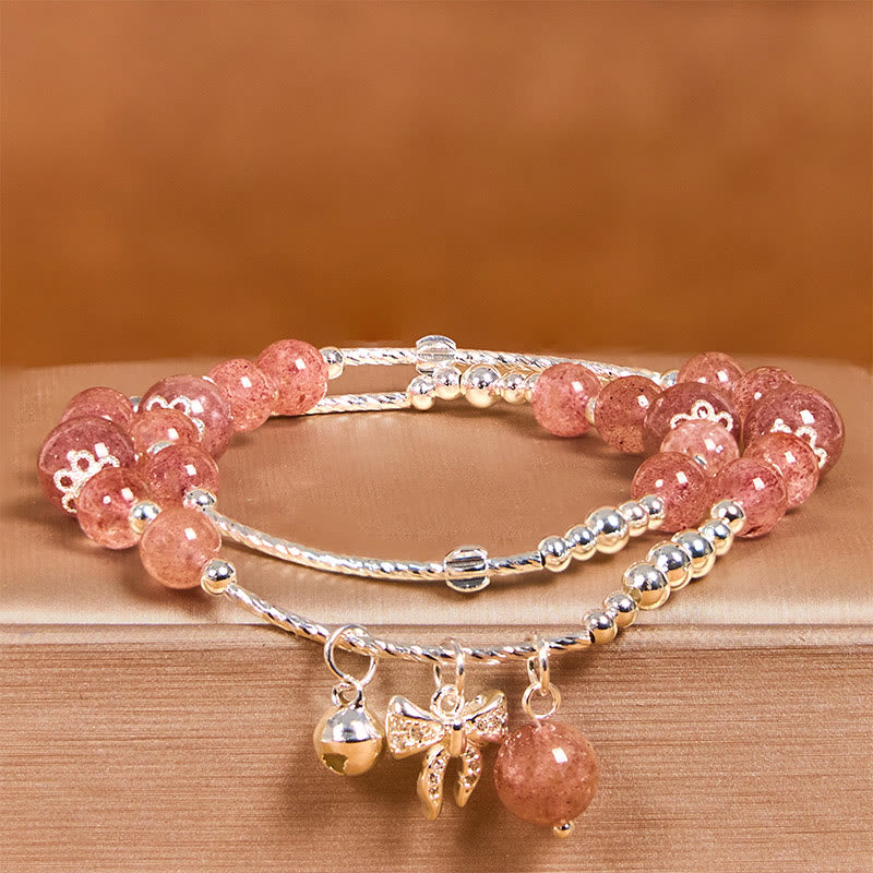 Nimara Ritual Natural Strawberry Quartz Bow-knot Rosette Charm Healing Double Wrap Bracelet
