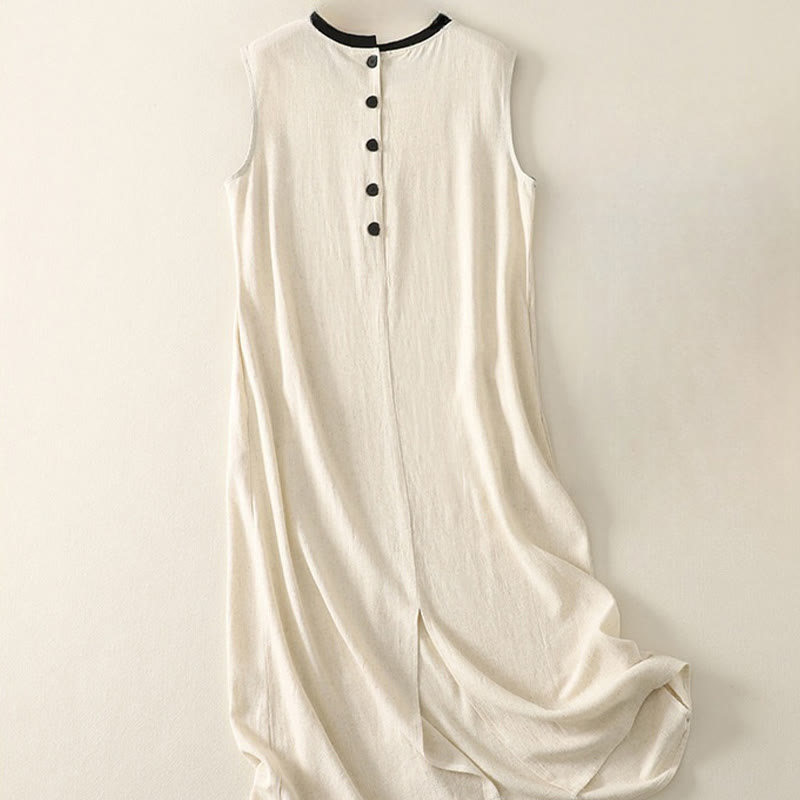 Nimara Ritual Casual Stitching Color Handmade Button Design Midi Dress Polyester Sleeveless Dress With Pockets