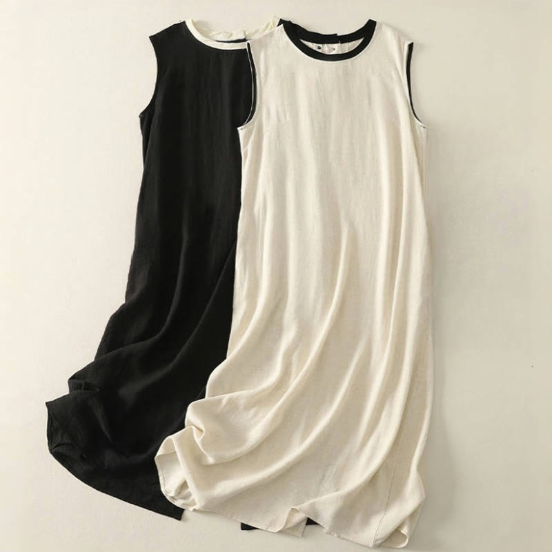 Nimara Ritual Casual Stitching Color Handmade Button Design Midi Dress Polyester Sleeveless Dress With Pockets