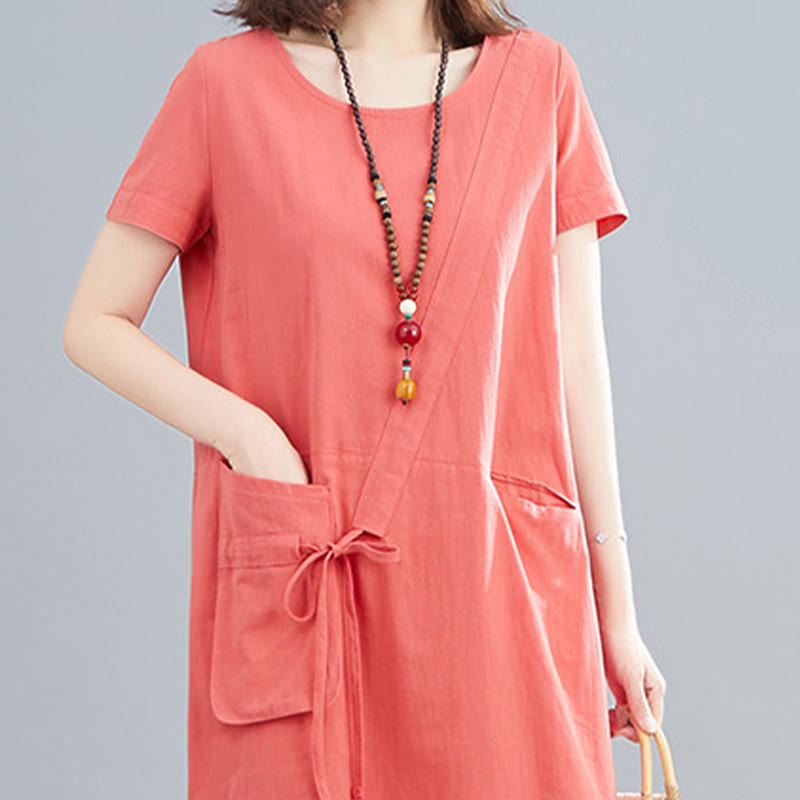 Nimara Ritual Summer Casual Plain Lace-Up Design Crew Neck Short Sleeve Cotton Linen Midi Dress With Pockets