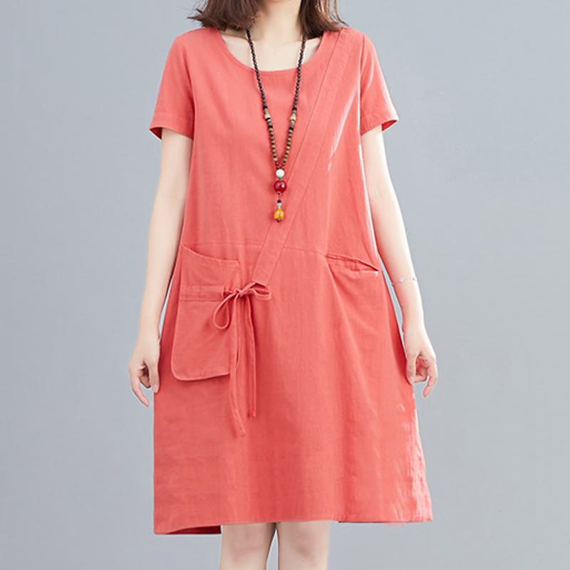 Nimara Ritual Summer Casual Plain Lace-Up Design Crew Neck Short Sleeve Cotton Linen Midi Dress With Pockets