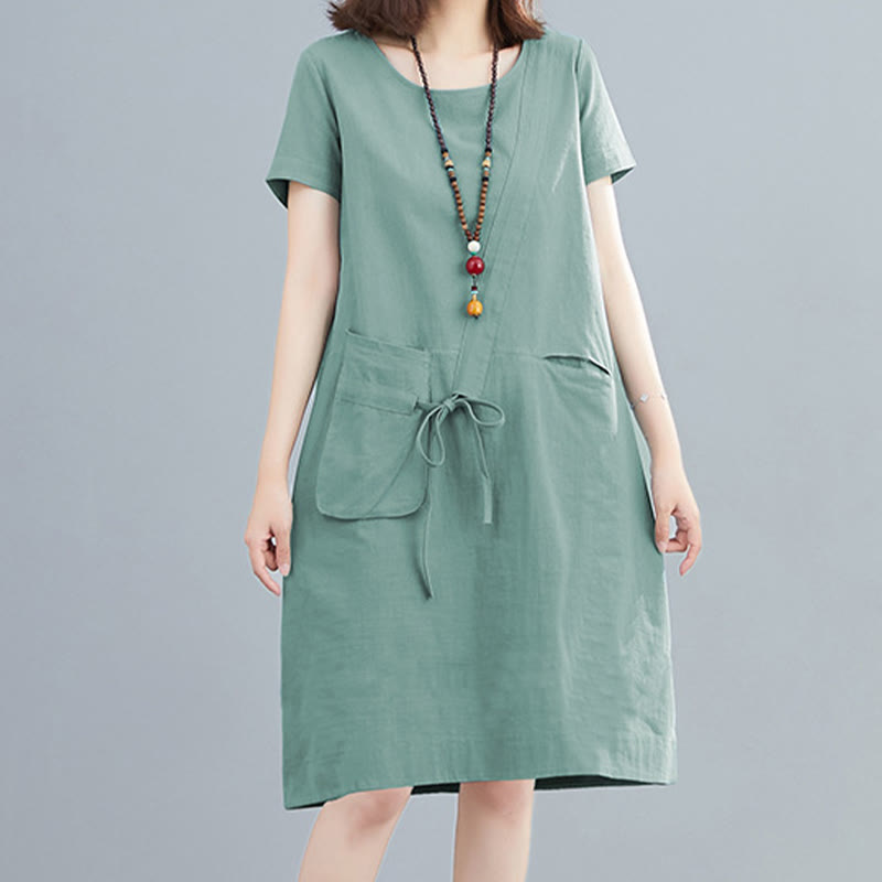 Nimara Ritual Summer Casual Plain Lace-Up Design Crew Neck Short Sleeve Cotton Linen Midi Dress With Pockets