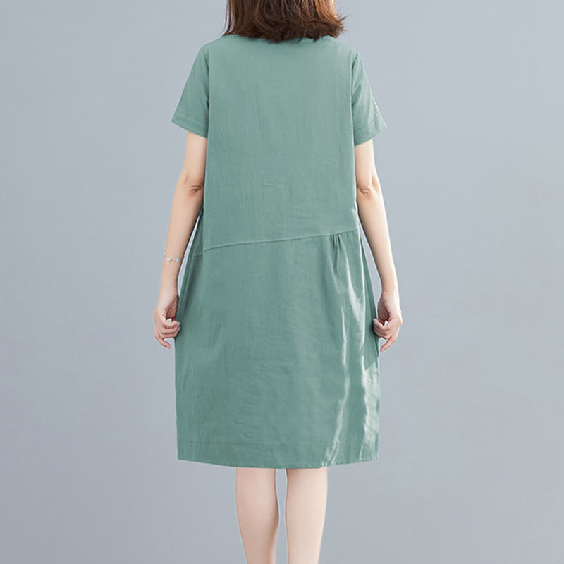 Nimara Ritual Summer Casual Plain Lace-Up Design Crew Neck Short Sleeve Cotton Linen Midi Dress With Pockets
