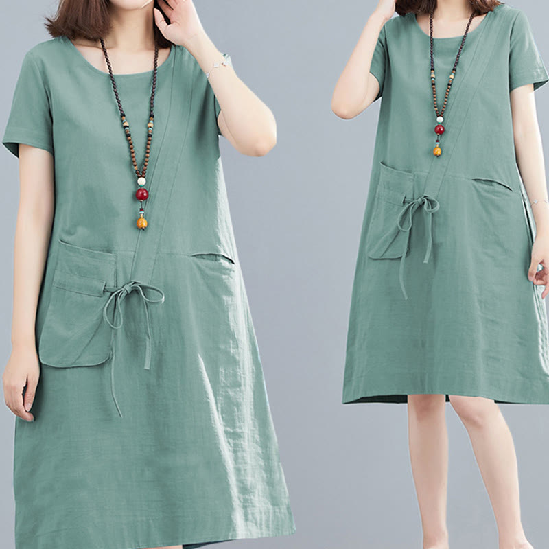 Nimara Ritual Summer Casual Plain Lace-Up Design Crew Neck Short Sleeve Cotton Linen Midi Dress With Pockets