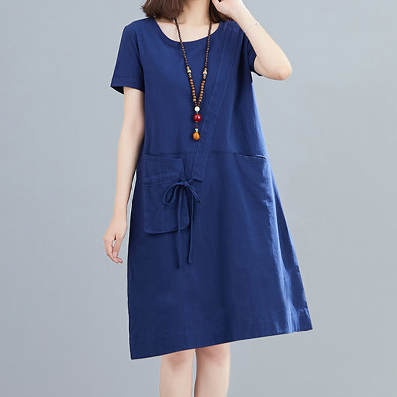 Nimara Ritual Summer Casual Plain Lace-Up Design Crew Neck Short Sleeve Cotton Linen Midi Dress With Pockets