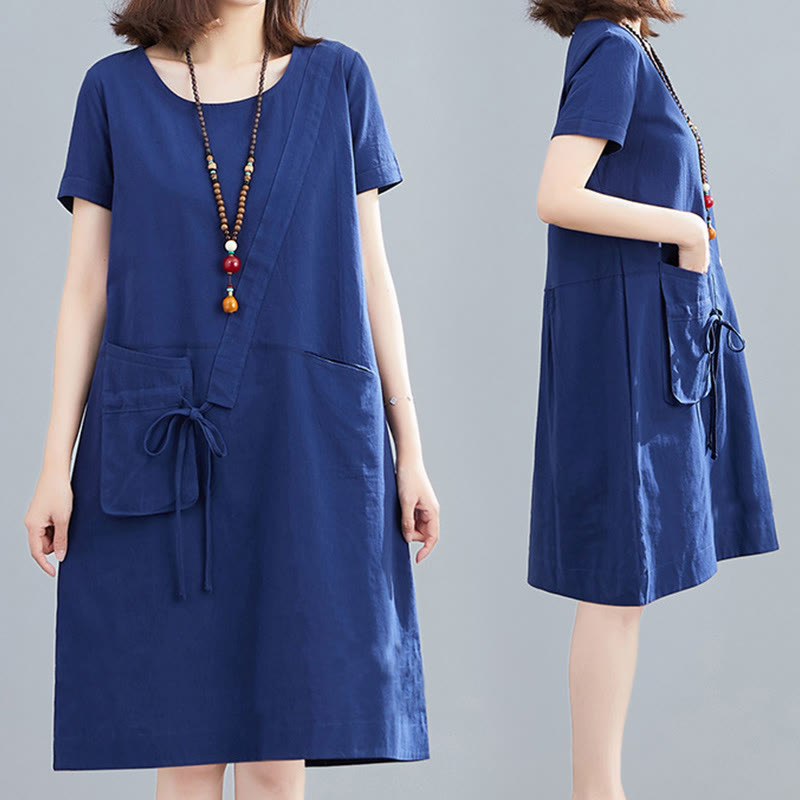 Nimara Ritual Summer Casual Plain Lace-Up Design Crew Neck Short Sleeve Cotton Linen Midi Dress With Pockets